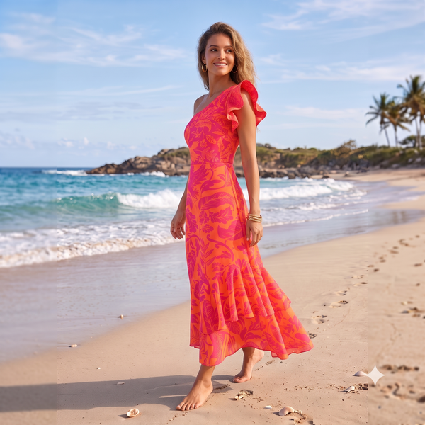 Multicolor Tropical One Shoulder One Piece Swimsuit With Beach Skirt