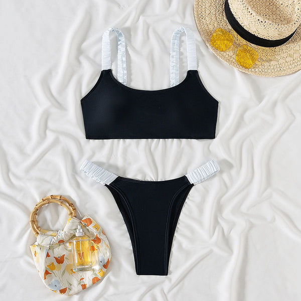 Black Colorblock Ruched Bikini Set