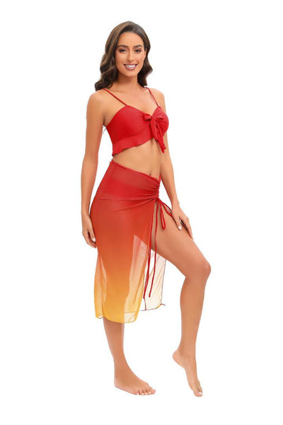 Gradient Colored Bikini Set With Front Knot Detail And Mesh Cover Up Red