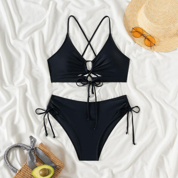 Black Solid Tie Front Bikini Set