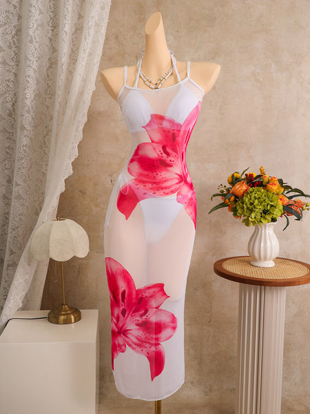 White Tropical Halter Bikini Set With Maxi Cover Up