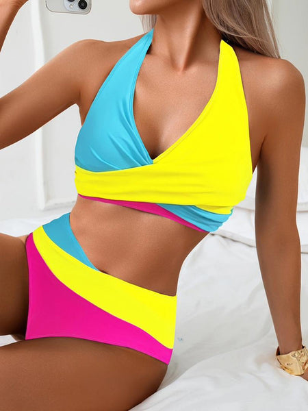 Solid Color Block Halter Neck Two piece Swimsuit Multicolor