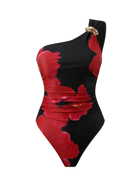 Black Floral One Shoulder One Piece Swimsuit With Sarong