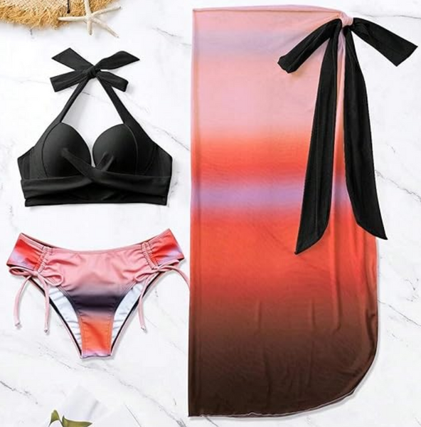 Ombre Bikini Set Halter Push Up Bra and Bikini Bottom with Beach Skirt 3 Piece Swimsuit Black