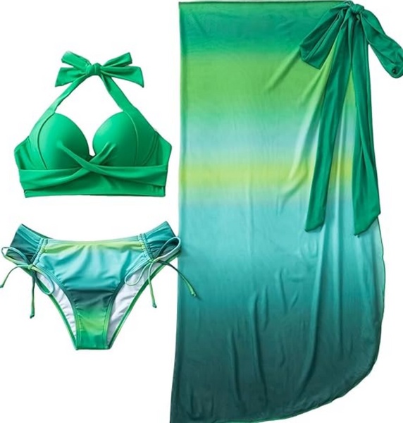 Ombre Bikini Set Halter Push Up Bra and Bikini Bottom with Beach Skirt 3 Piece Swimsuit Green