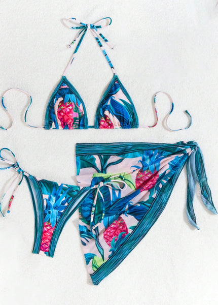 Tropical Print Halter Neck Three Piece Side Tie Bikini Blue