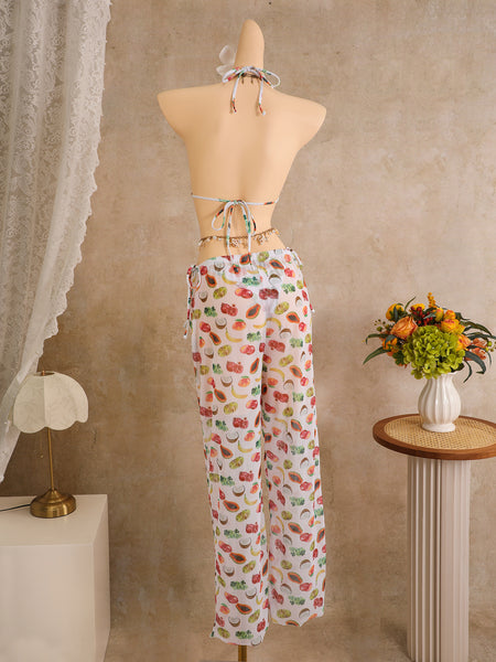 White Fruit Print Halter Bikini Set With Beach Pants