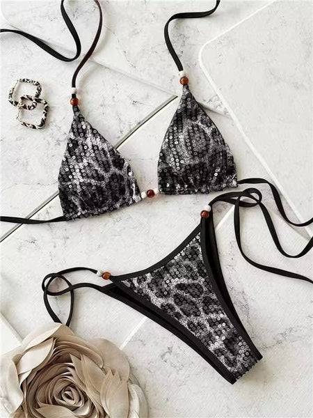 Black Animal Print Halter One Piece Swimsuit