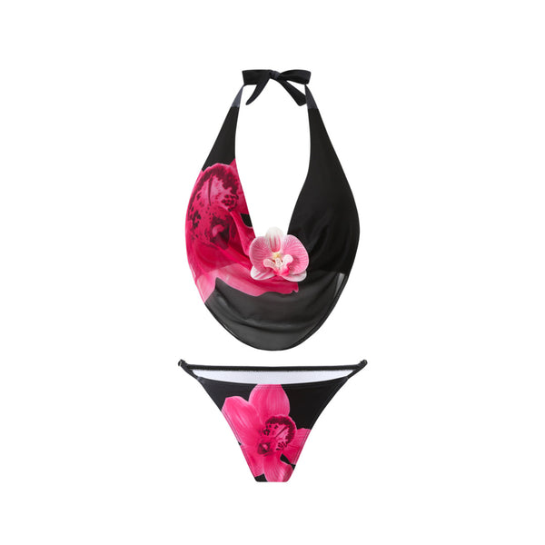 Black Floral Halter Bikini Set With Beach Skirt