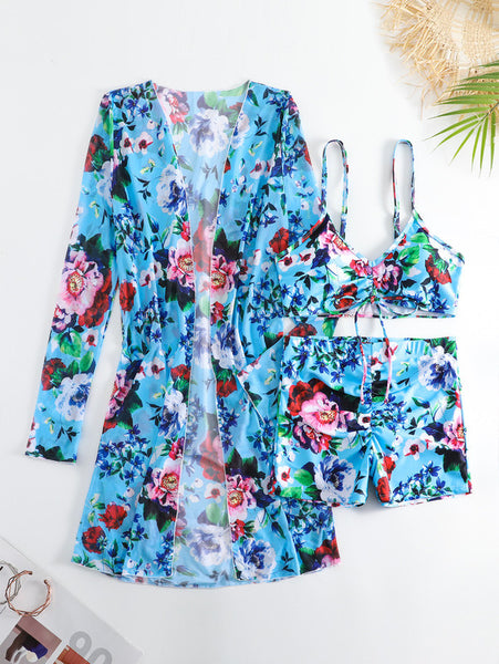 Plus 3pack Allover Print Drawstring Front Bikini Swimsuit Dark Blue