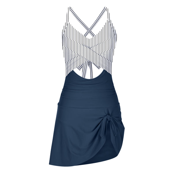 Navy Blue Stripes Cut Out One Piece Swimsuit