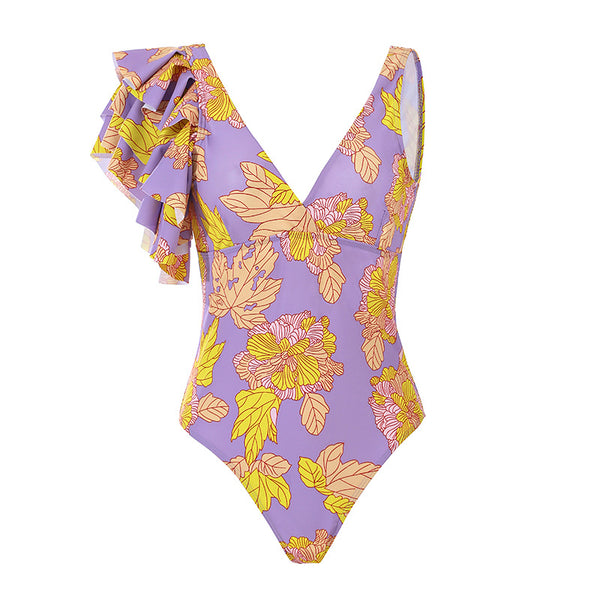 Floral Print Ruffle Trim One Piece Swimsuit With Beach Skirt Purple