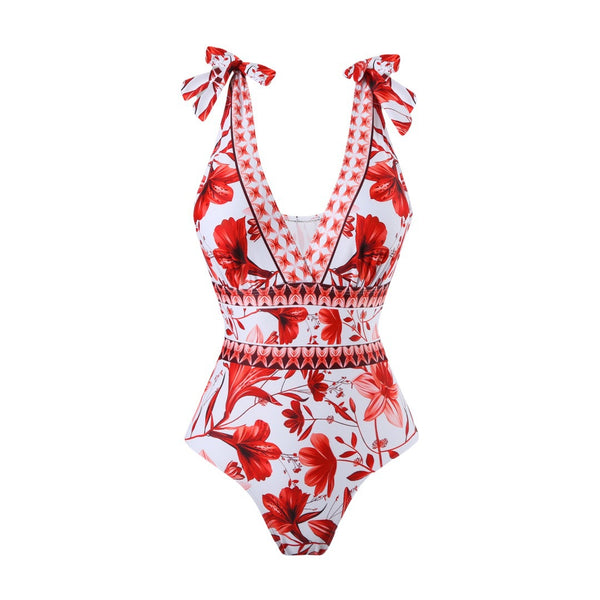 Red Floral One Piece Swimsuit With Maxi Cover Up