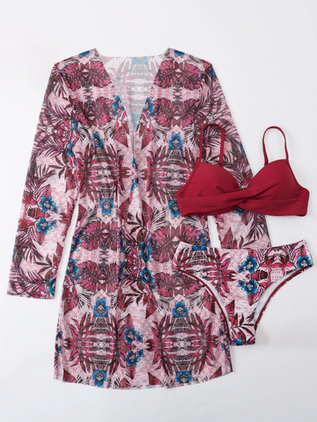 Tropical Print Push Up Bikini Swimsuit With Kimono Maroon