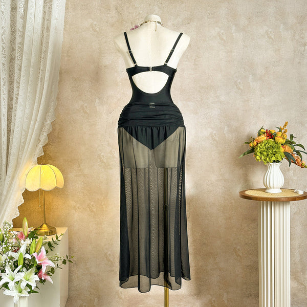 Black Solid Deep V One Piece Swimsuit Beach Skirt