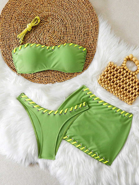 Green Solid High Leg Bikini Set With Beach Skirt