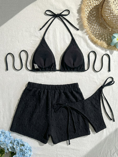 Black Solid Halter Bikini Set With Beach Shorts