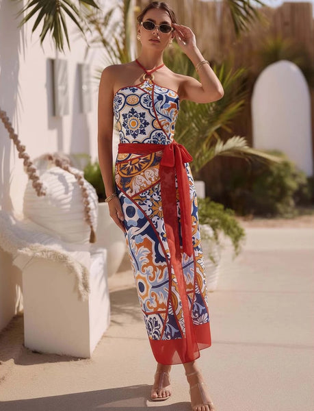 Red Geometric Halter One Piece Swimsuit With Sarong