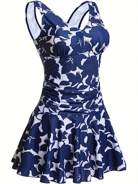 Blue Floral Skirted One Piece Swimsuit