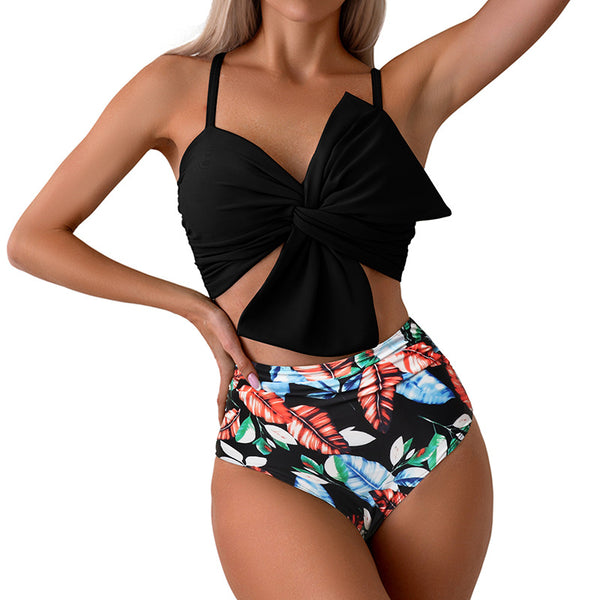 Front Knot Ruched Bikini Set Black