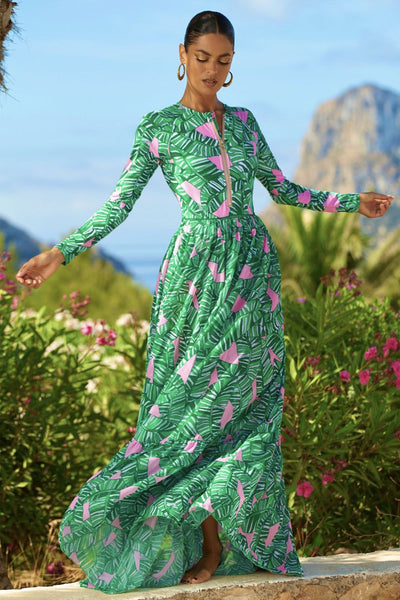 Green Tropical Long Sleeve One Piece Swimsuit With Beach Skirt