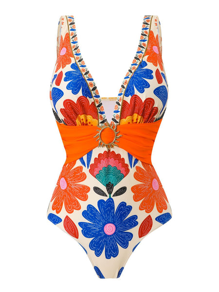 Multicolor Tropical Deep V One Piece Swimsuit With Beach Skirt & Beach Pants