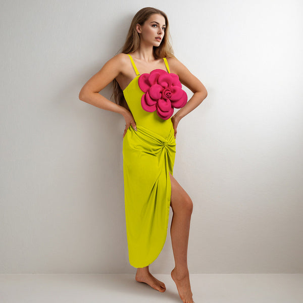 Solid Shoulder Strap Flower Décor One Piece Swimsuit with Skirt Green