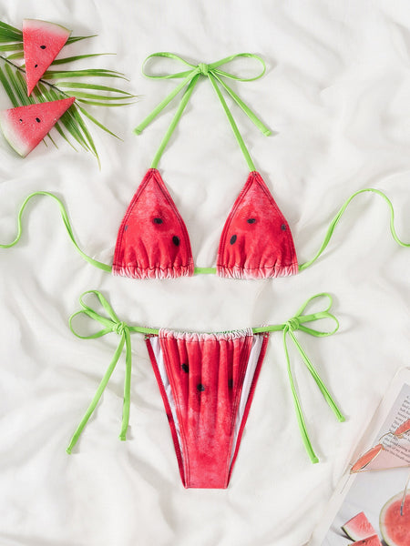 Pink Fruit Print Halter Bikini Set