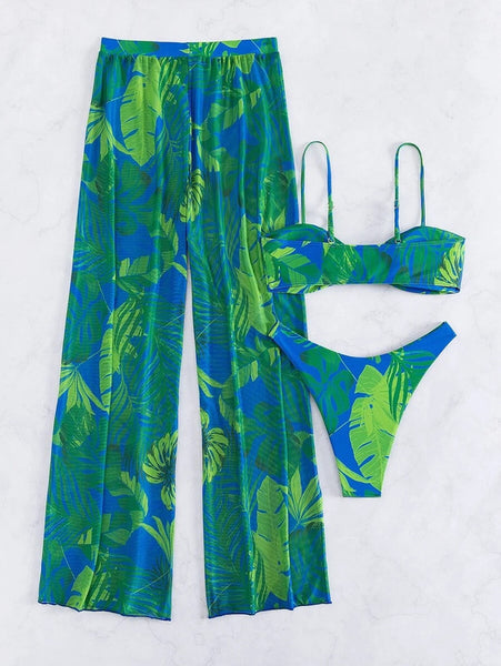 Tropical print bikini swimsuit with cover up pants Green