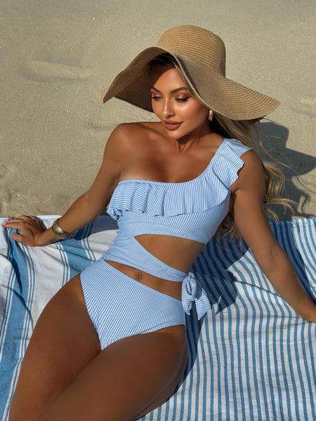 Solid One Shoulder One Piece Swimsuit Light Blue
