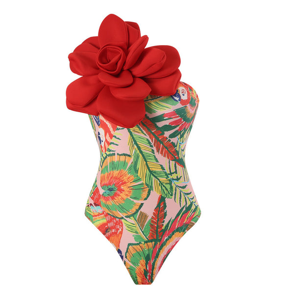 Red Tropical One Shoulder One Piece Swimsuit With Sarong