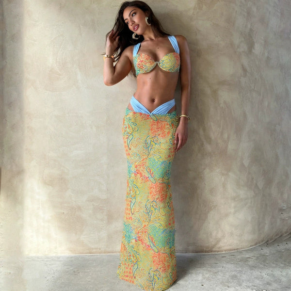 Multicolor Paisley Brazilian Bikini Set With Beach Skirt Without Pads