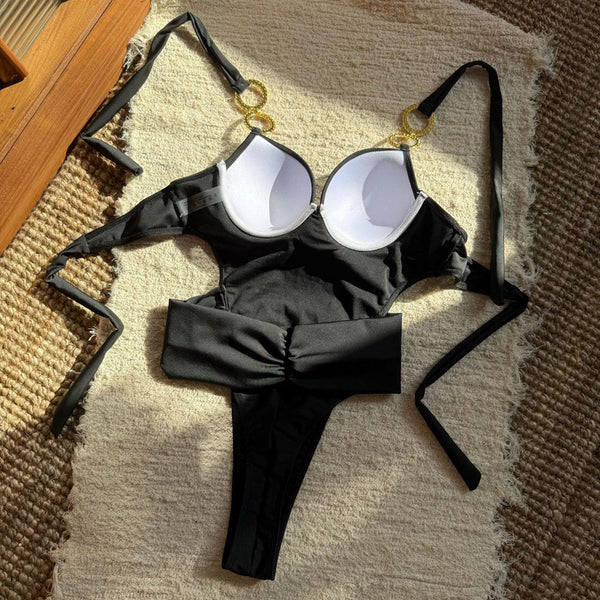 Black Solid Halter One Piece Swimsuit