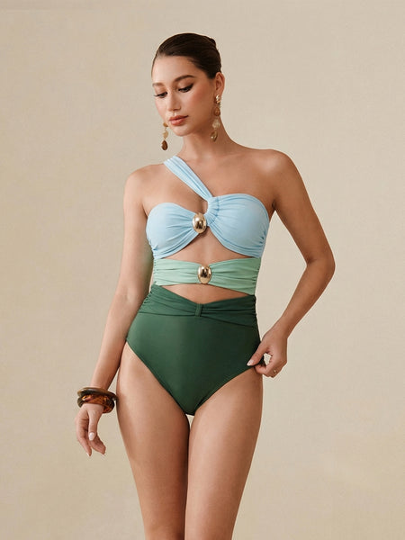 Sky Blue Colorblock One Shoulder One Piece Swimsuit With Sarong