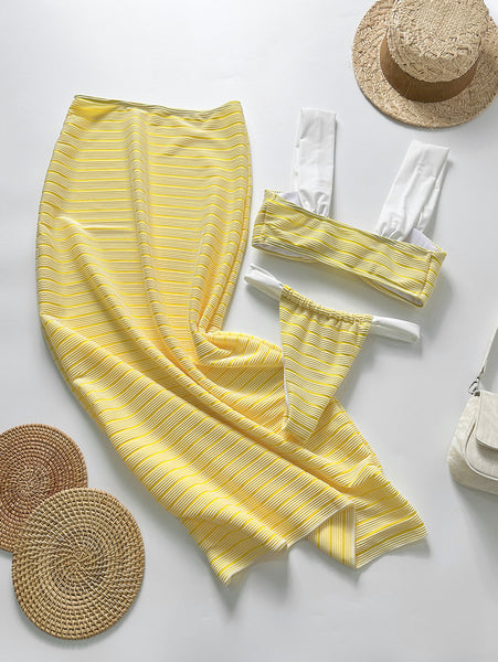 Yellow Solid Thong Bikini Set Beach Skirt