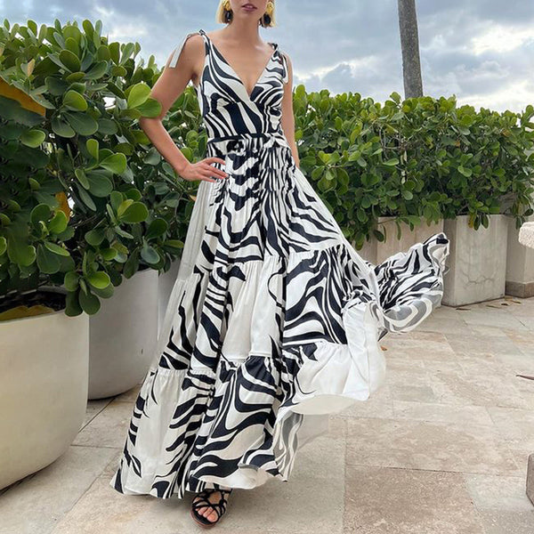White Animal Print Deep V One Piece Swimsuit With Beach Skirt