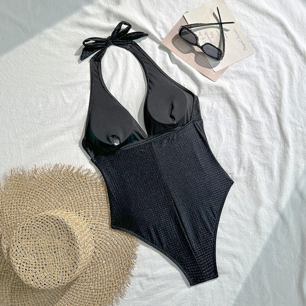 Black Solid Halter One Piece Swimsuit