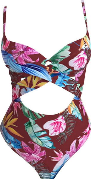 Floral Print Wrap Cross Push Up One Piece Swimsuit Maroon