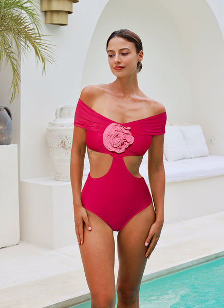 Pink Solid Off Shoulder One Piece Swimsuit With Beach Skirt
