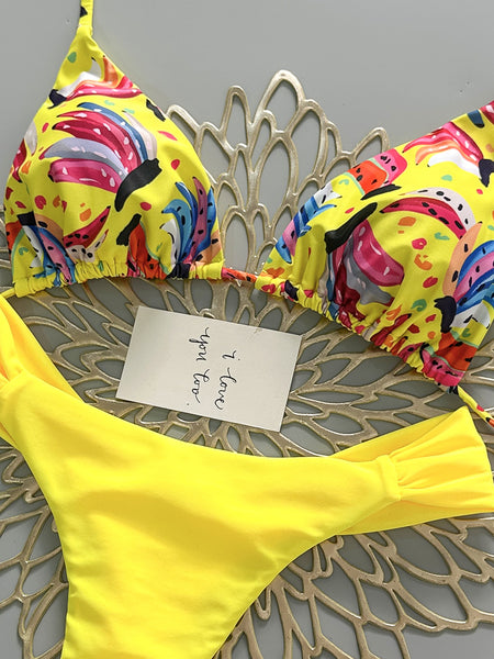Yellow Fruit Print Halter Bikini Set