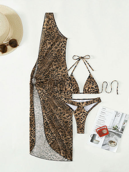 Leopard Animal Print Halter Bikini Set with Sheer Robe