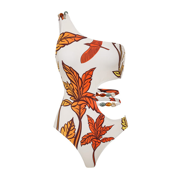 Multicolor Tropical One Shoulder One Piece Swimsuit With Sarong