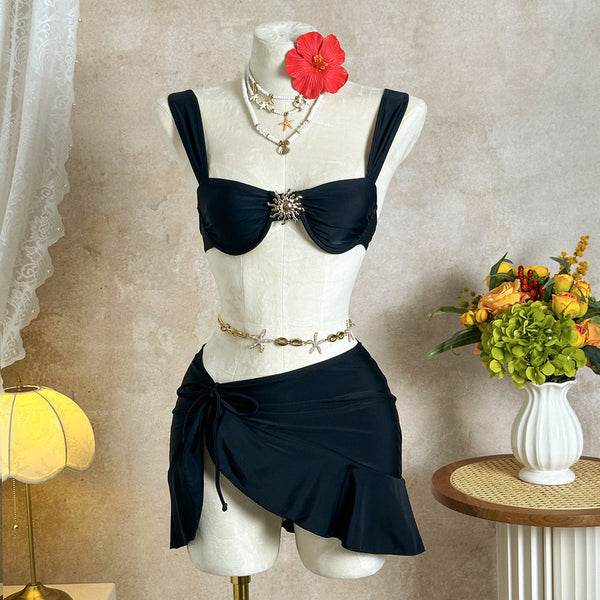 Black Solid Underwire Bikini Set With Beach Skirt