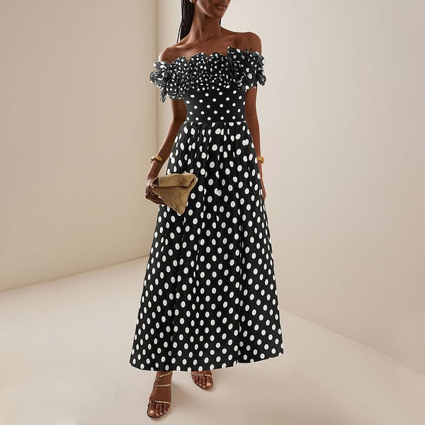 Black Polka Dots Off Shoulder One Piece Swimsuit With Maxi Cover Up