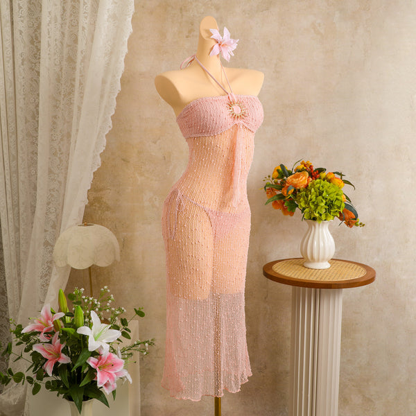 Light Pink Solid Mesh Panel Bikini Set