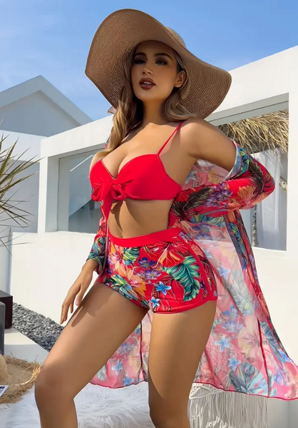 Tropical Print Underwire Bikini Swimsuit With Kimono Red