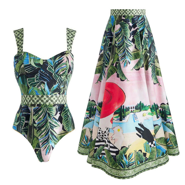 Green Tropical High Cut One Piece Swimsuit With Beach Skirt