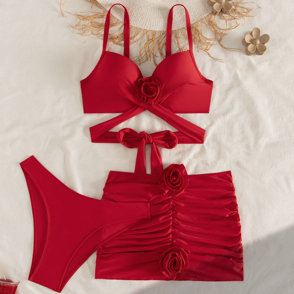 Red Solid Underwire Bikini Set With Beach Skirt