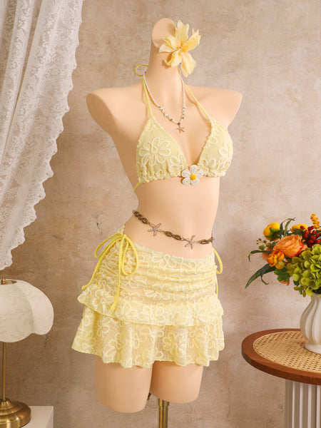 Yellow Lace Texture Halter Bikini Set With Beach Skirt