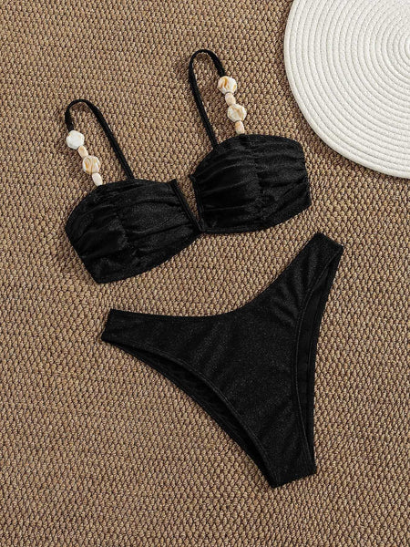 Black Solid High Leg Bikini Set